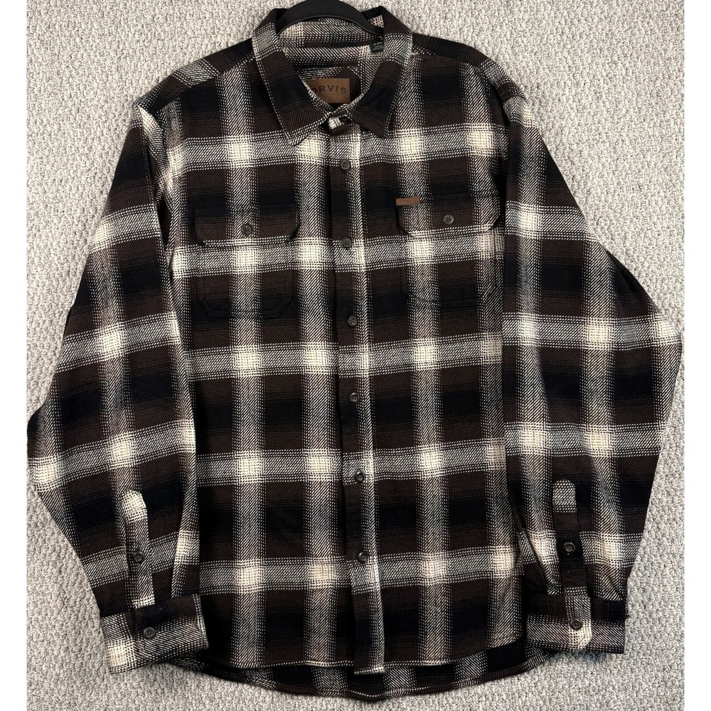 Orvis Plaid Flannel Shirt Jacket Mens XL Brown Cotton Shacket Workwear